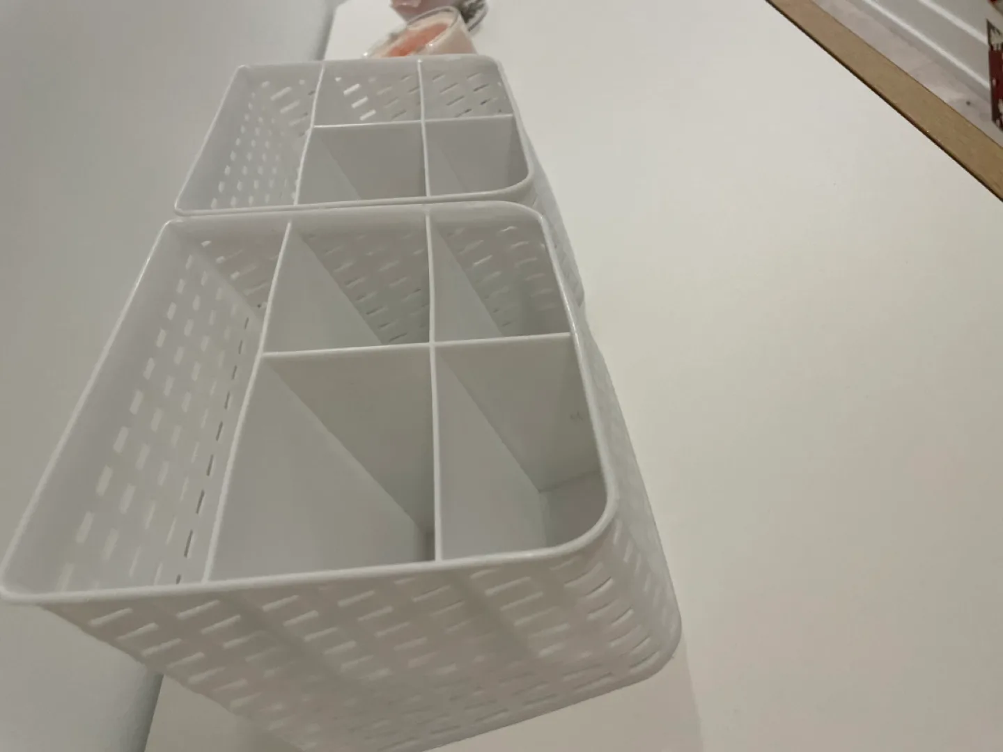 Two White Plastic Organiser Baskets perfect for makeup image indicator(3)