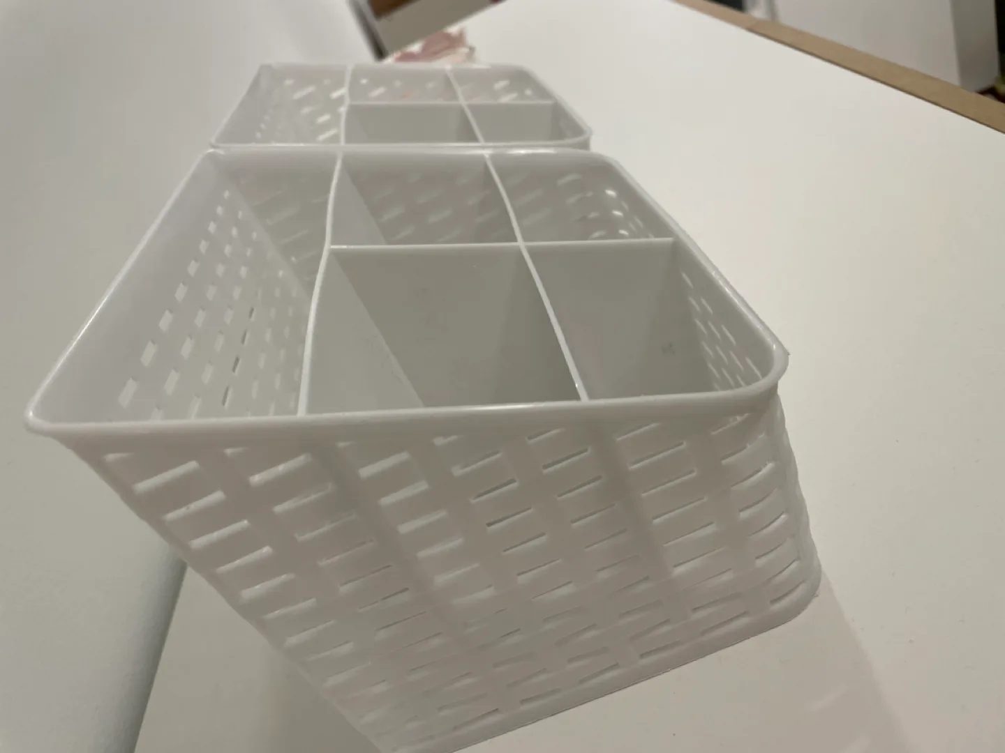 Two White Plastic Organiser Baskets perfect for makeup image indicator(4)