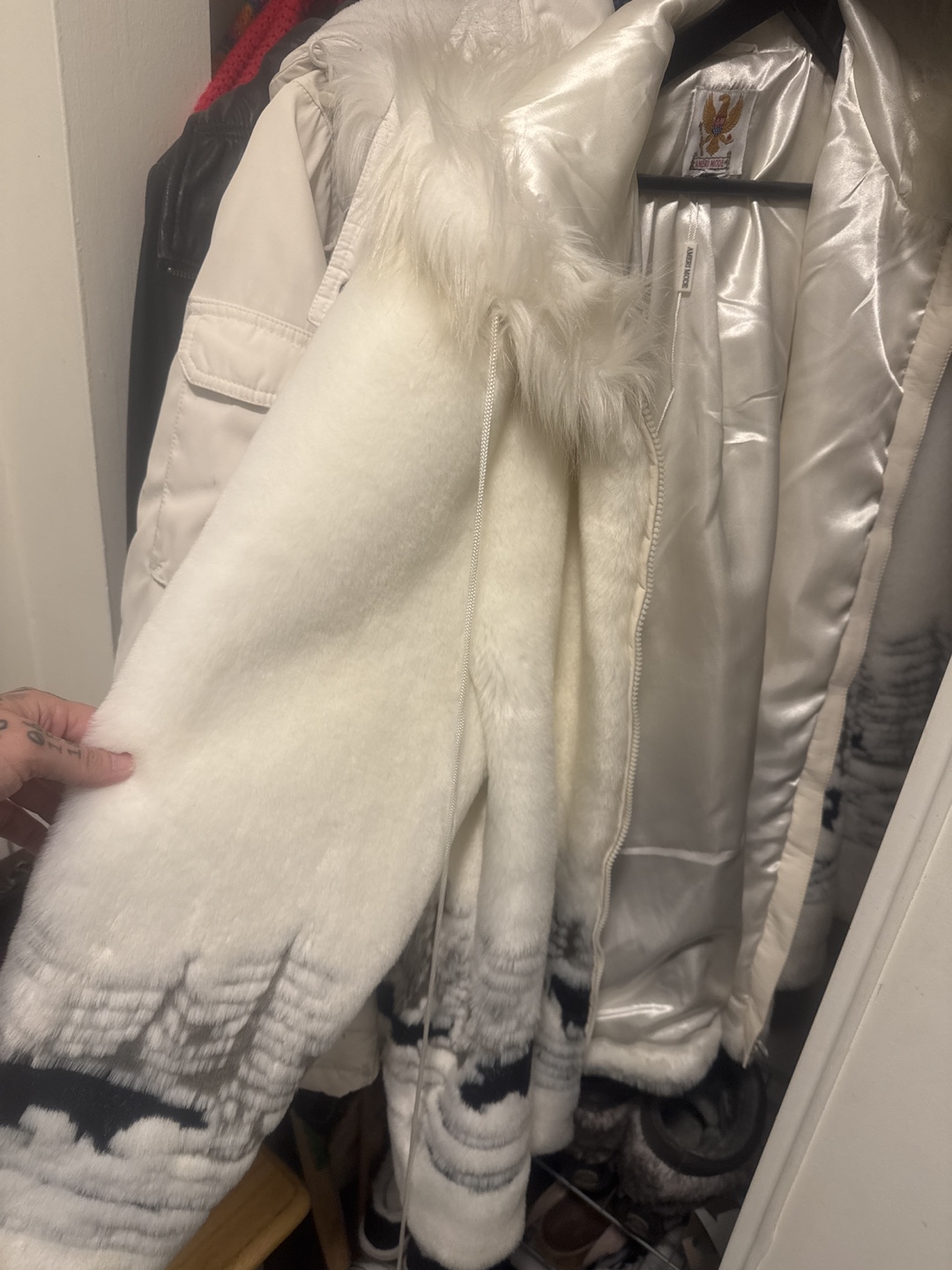 Ameri Mode White Faux Fur Hooded Jacket
