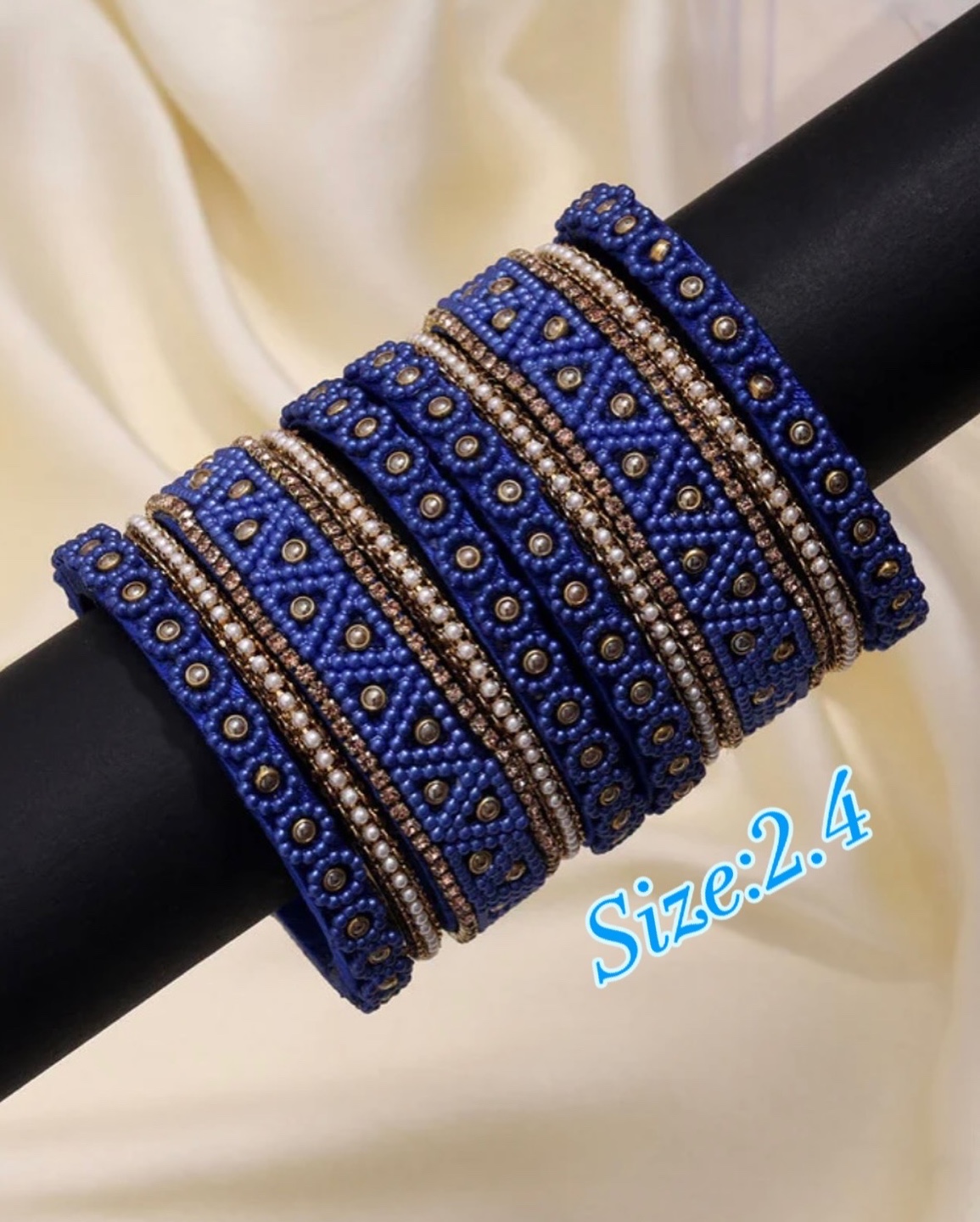 Gorgeous Blue Bangles Set with Pearls and Rhinestones - Size 2.4