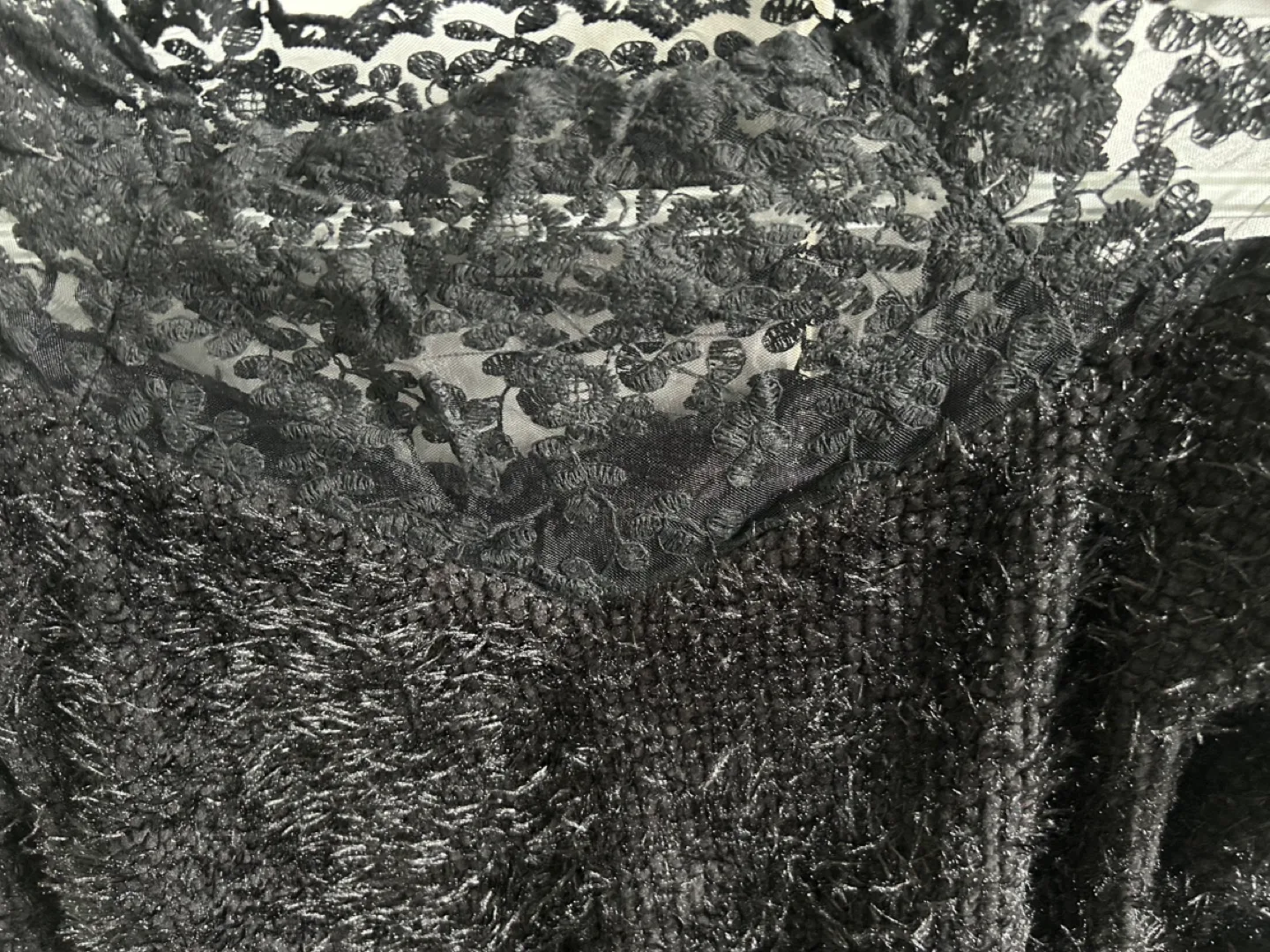 Black Fuzzy Knit Sweater with Lace Detail image indicator(2)