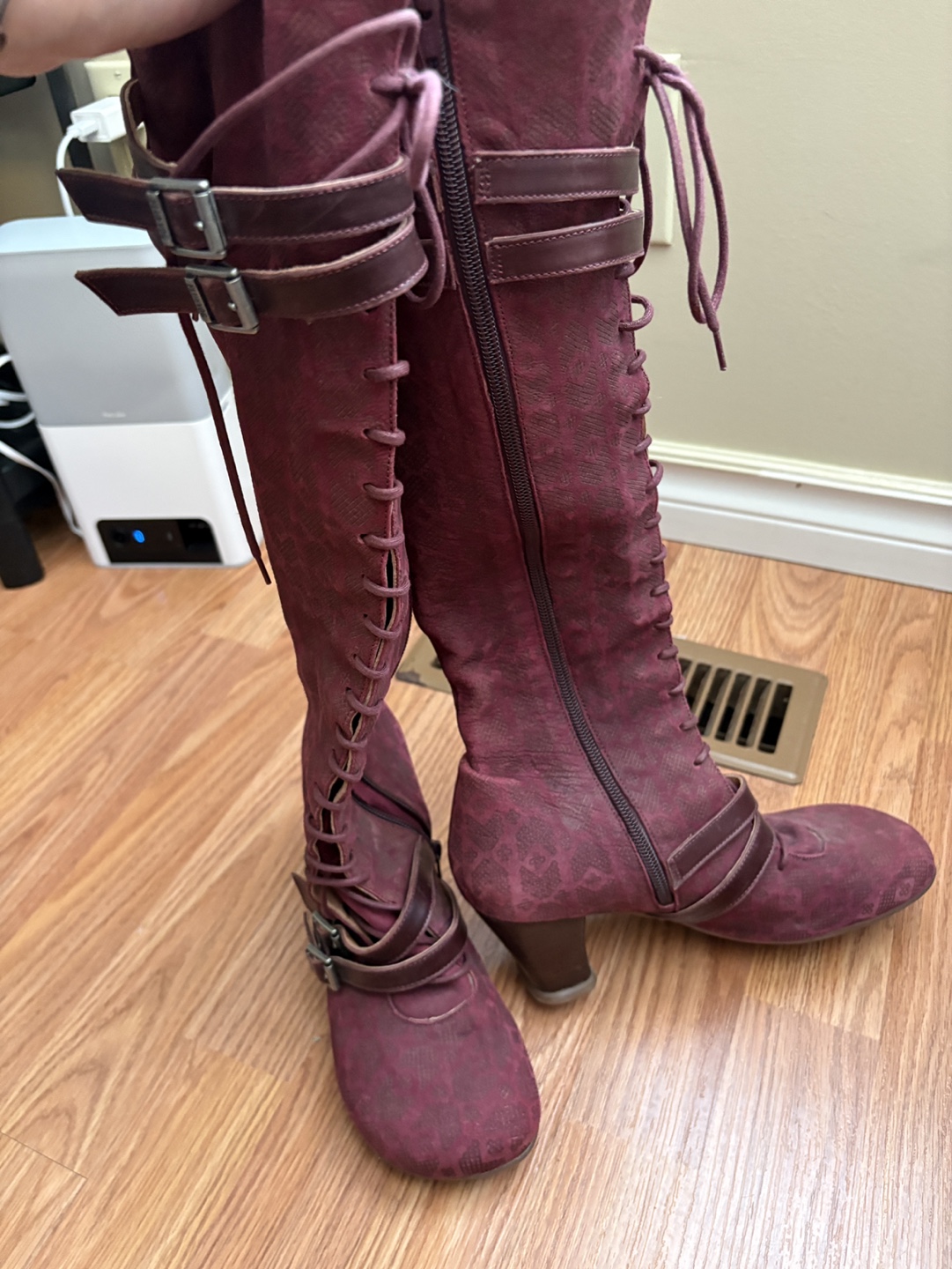 Burgundy Knee-High Lace-Up Boots