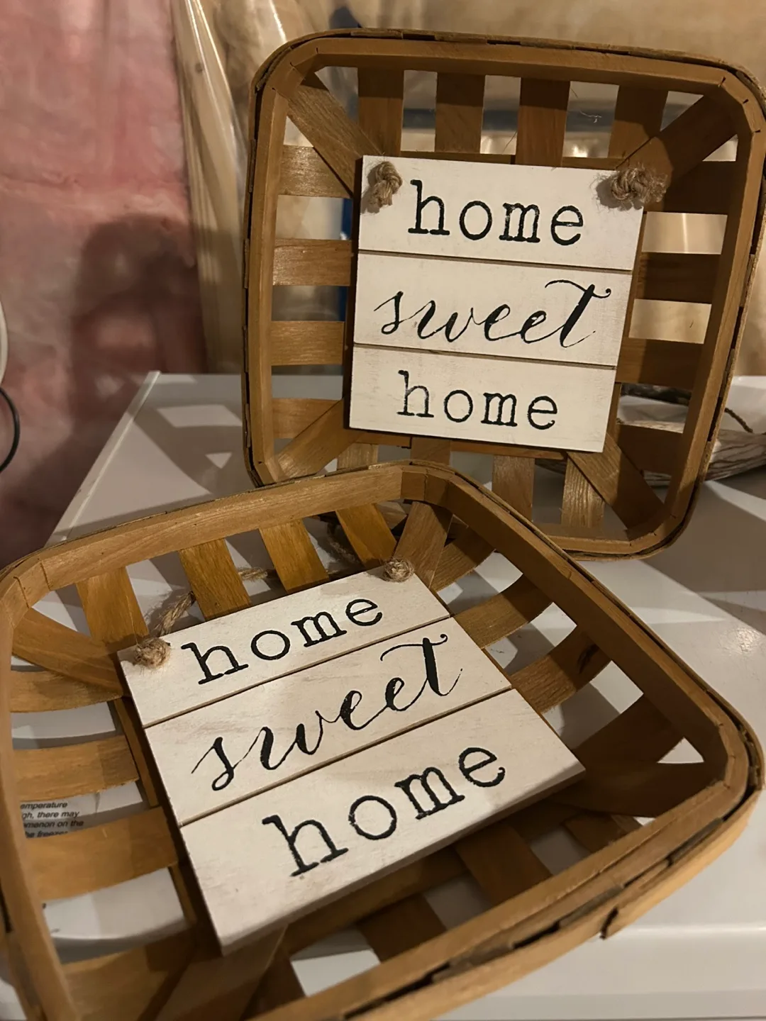 Set of Two Mini Woven Baskets with Home Sweet Home Sign thumbnail