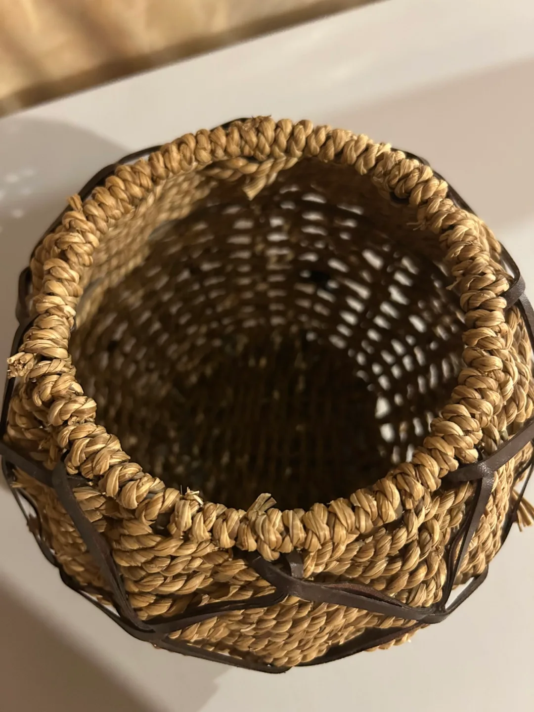 Unique Woven Seagrass Basket with Leather Accents thumbnail