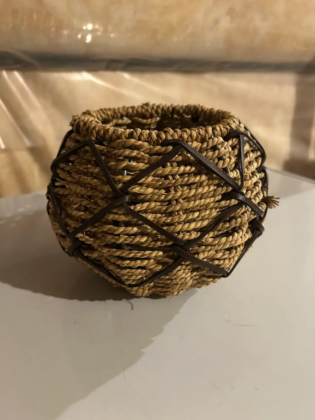 Unique Woven Seagrass Basket with Leather Accents image indicator(2)
