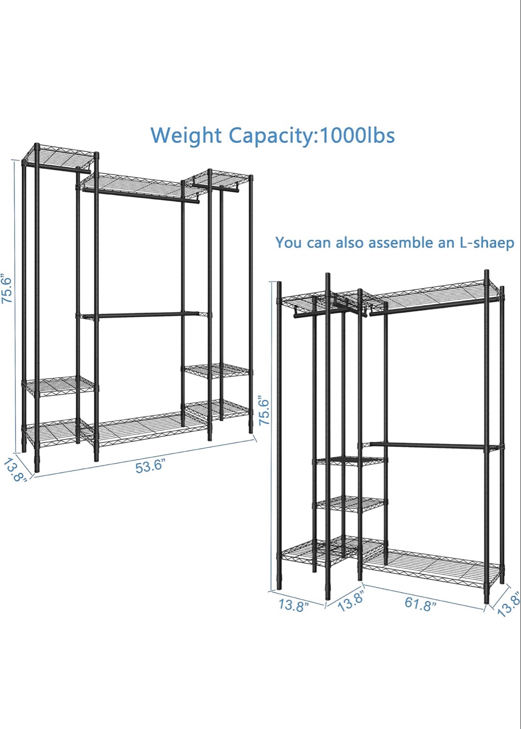 Black Metal heavy duty Clothing Rack with Shelves