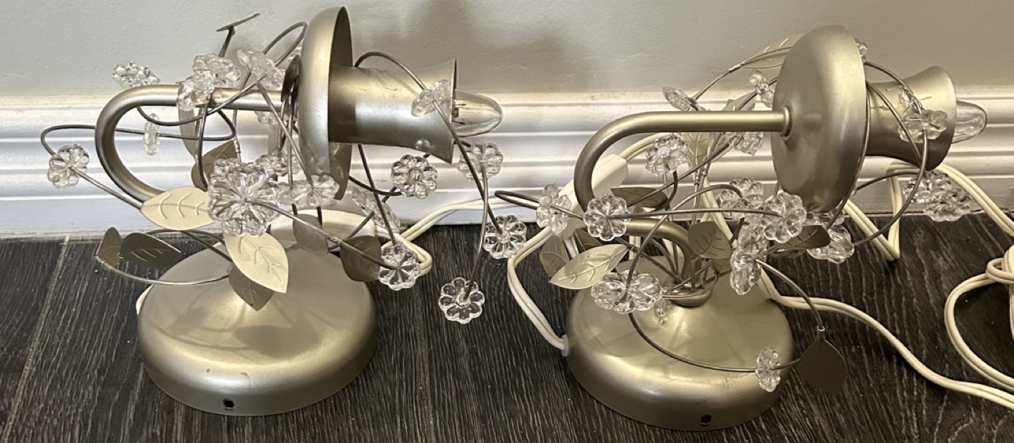 Pair of Ikea Silver Wall Sconce Lights  Leaves & Glass Flowers