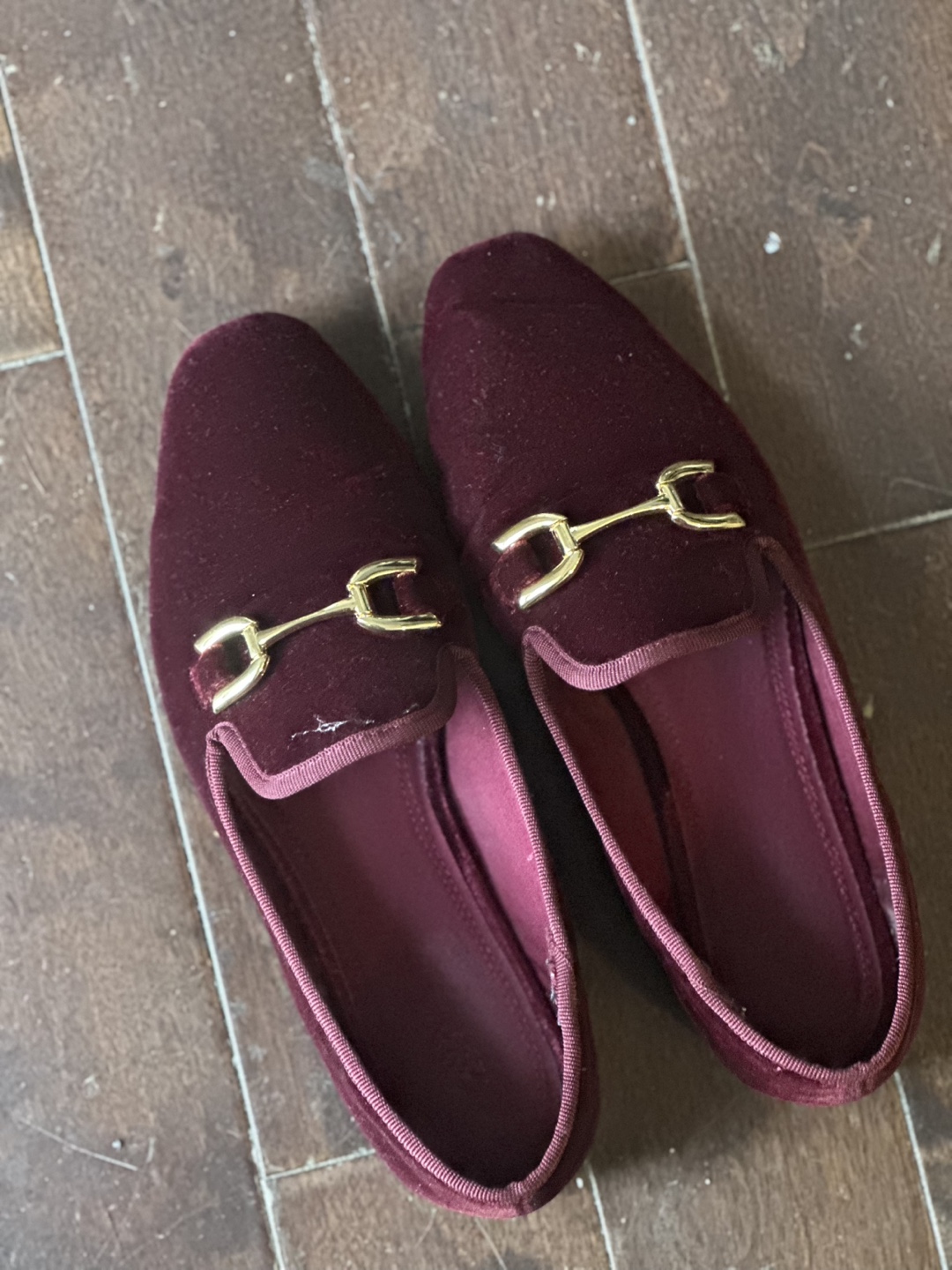 Burgundy Velvet Loafers with Gold Buckle