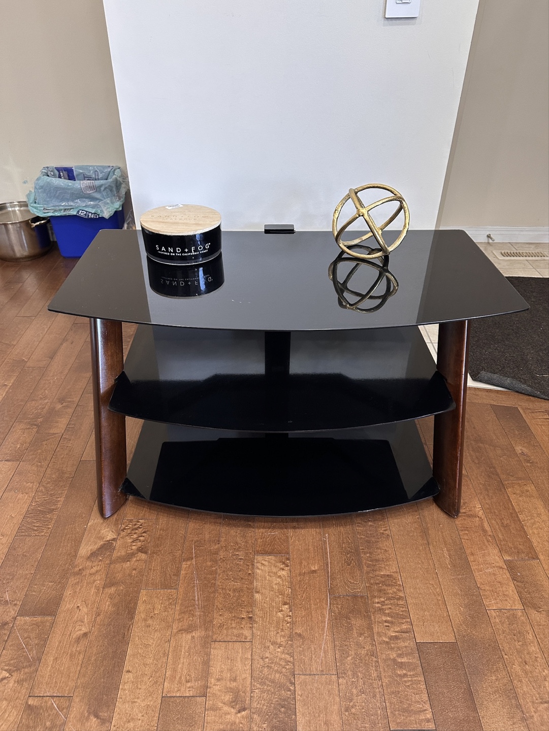 Black Glass TV Stand with Wooden Legs