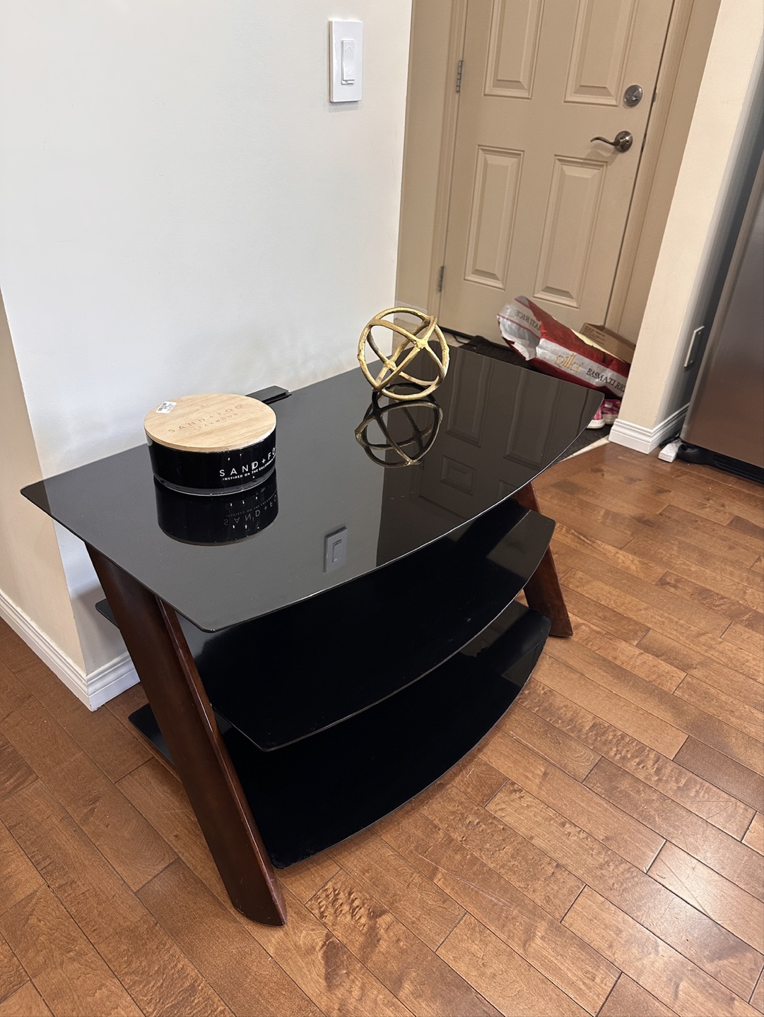 Black Glass TV Stand with Wooden Legs - photo 2