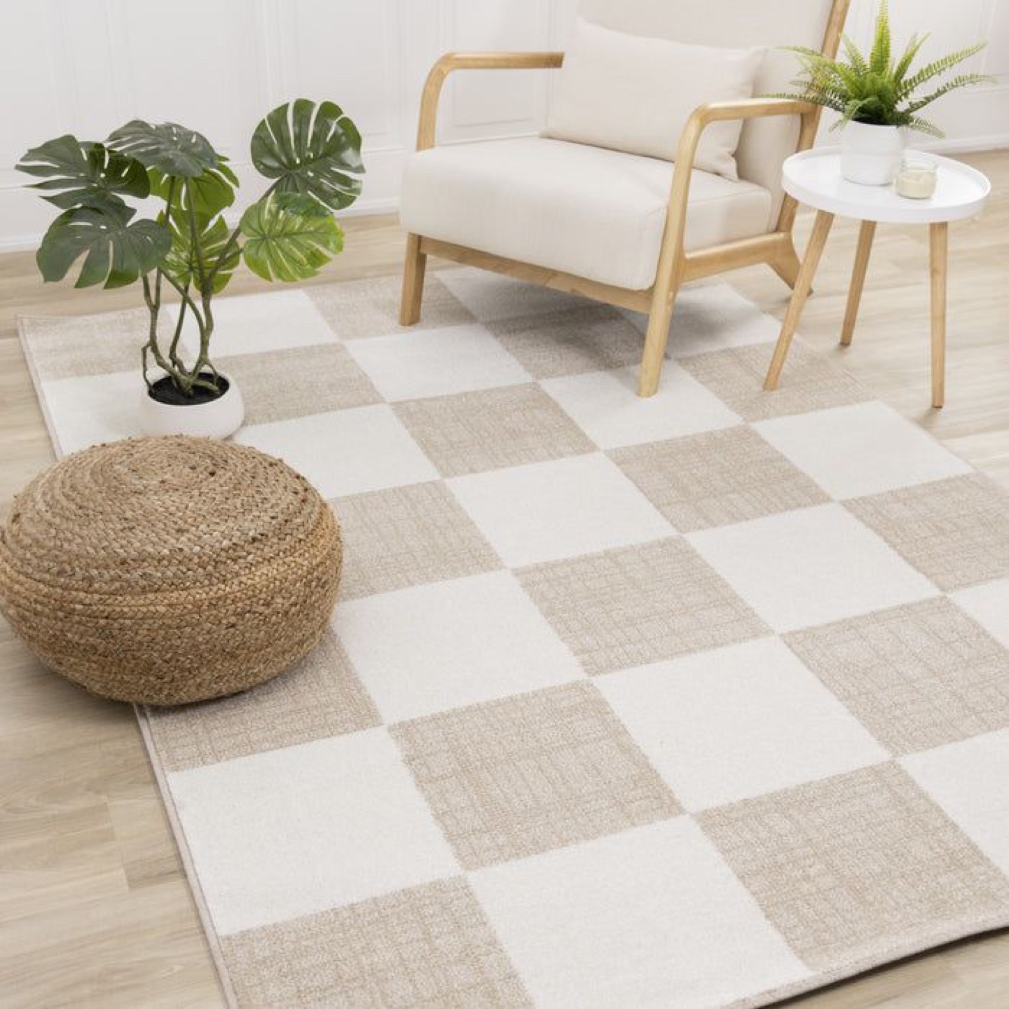 Beige and White Checkered Area Rug
