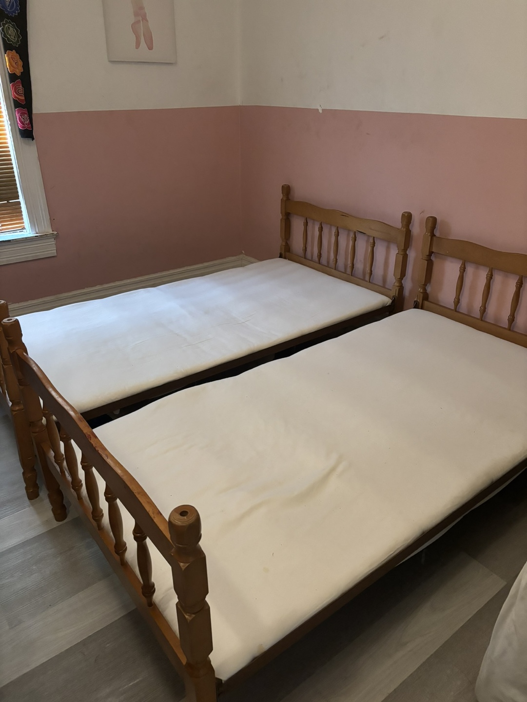 Two Twin-Size Wooden Beds with Mattresses
