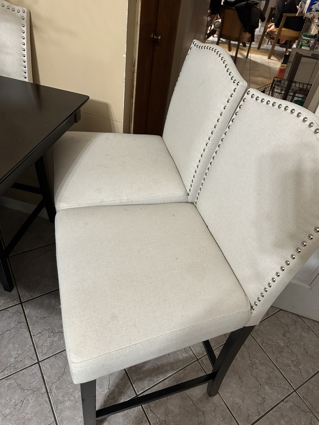 Pair of Beige Upholstered Bar Stools with Nailhead Trim