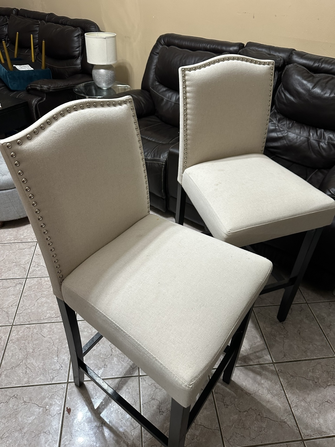Pair of Beige Upholstered Bar Stools with Nailhead Trim - photo 2