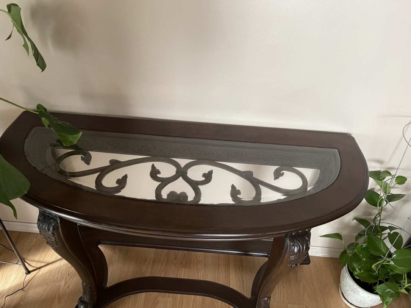 Dark Brown Wooden Console Table with Glass Top with wall Mirror