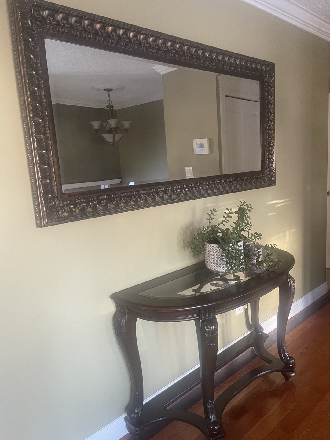 Dark Brown Wooden Console Table with Glass Top with wall Mirror - photo 5