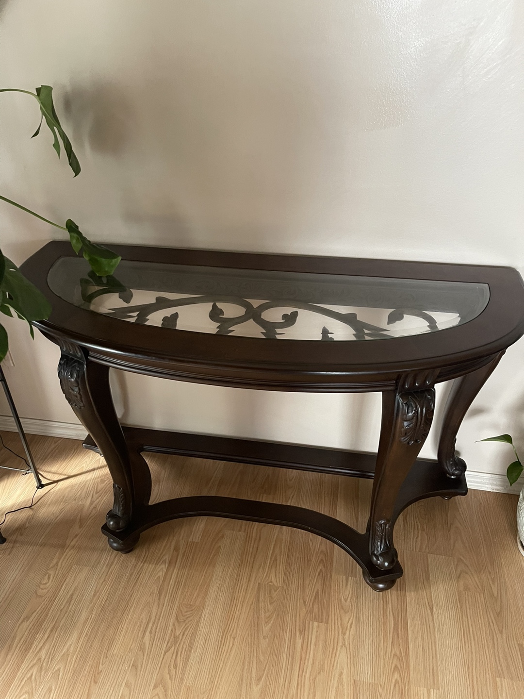 Dark Brown Wooden Console Table with Glass Top with wall Mirror - photo 3