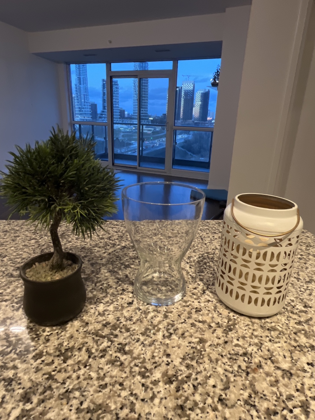 Glass Vase, White Lantern, and Bonsai Tree Decor Set