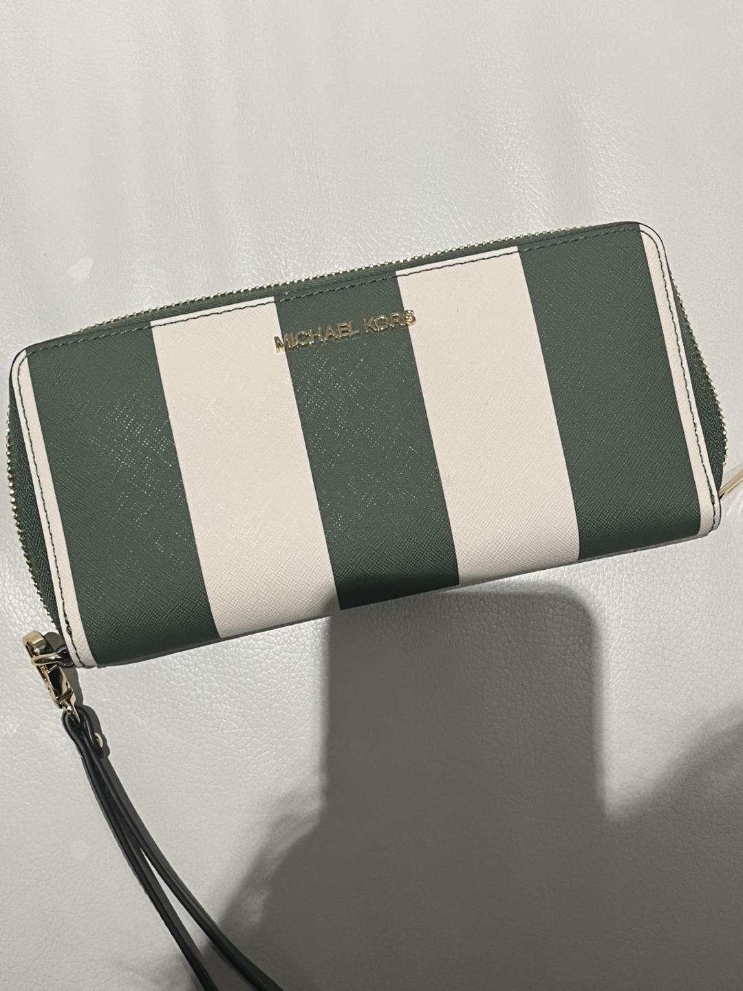 Michael Kors Green and White Striped Zip Around Wallet