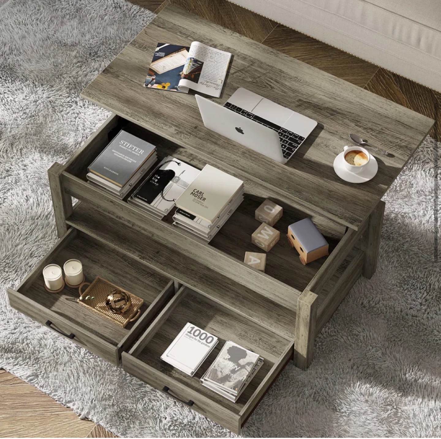 Lift-Top Coffee Table with Storage and Two Drawers - photo 3