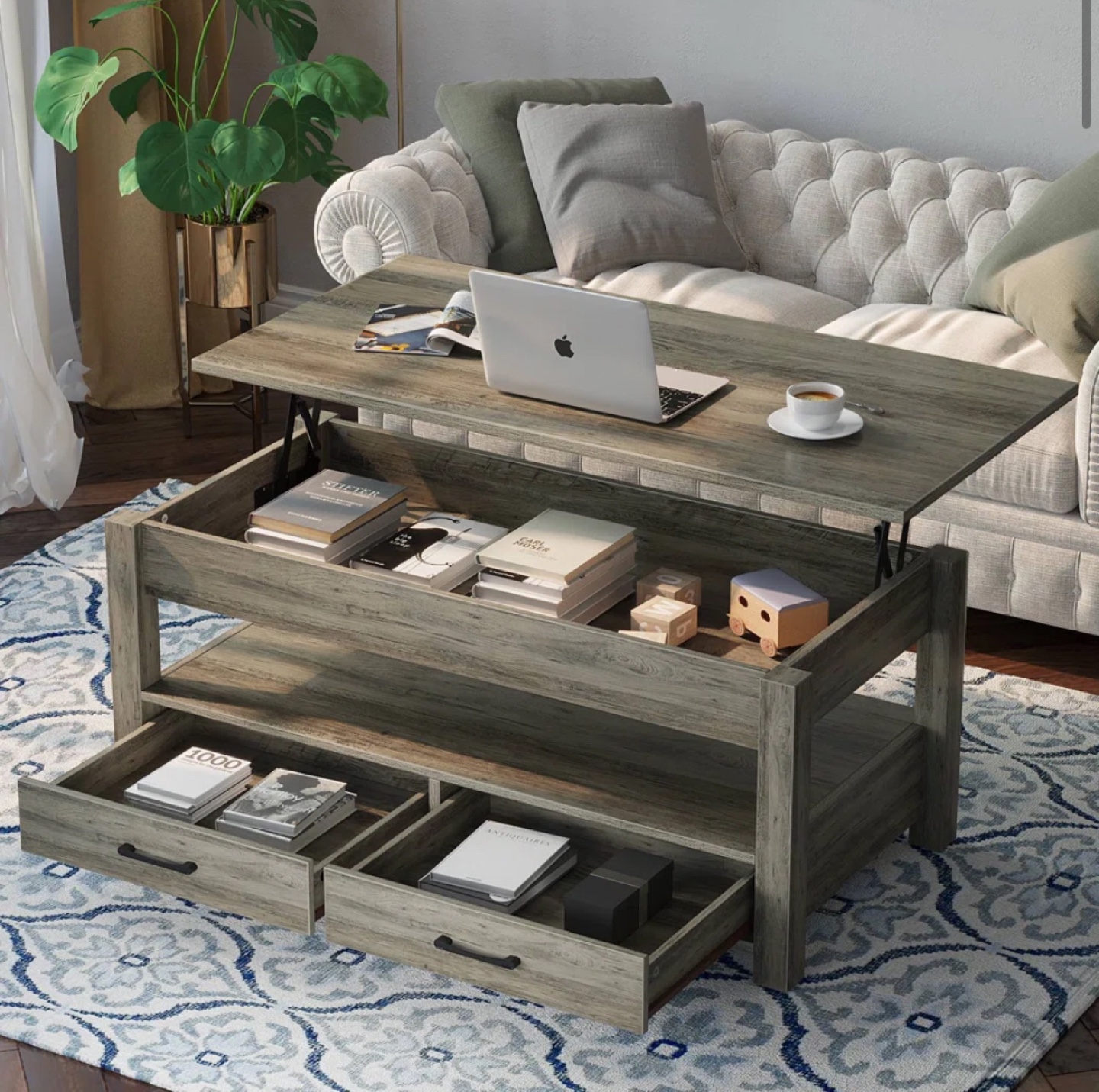 Lift-Top Coffee Table with Storage and Two Drawers