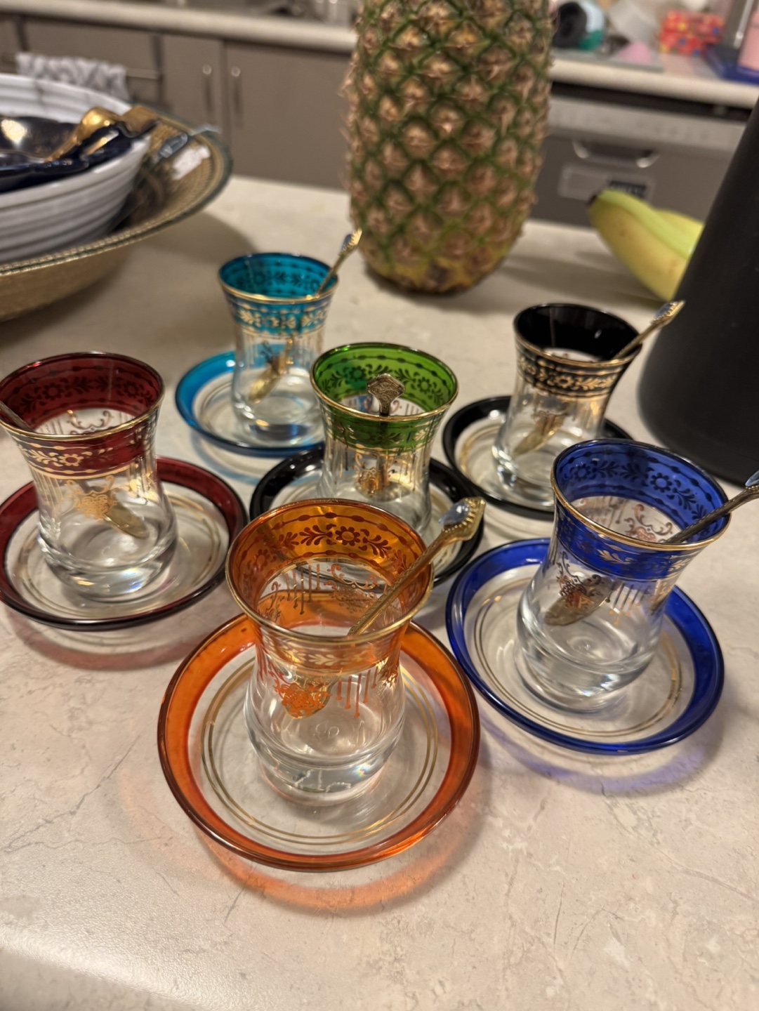 Set of six Turkish tea glasses with saucers and spoons