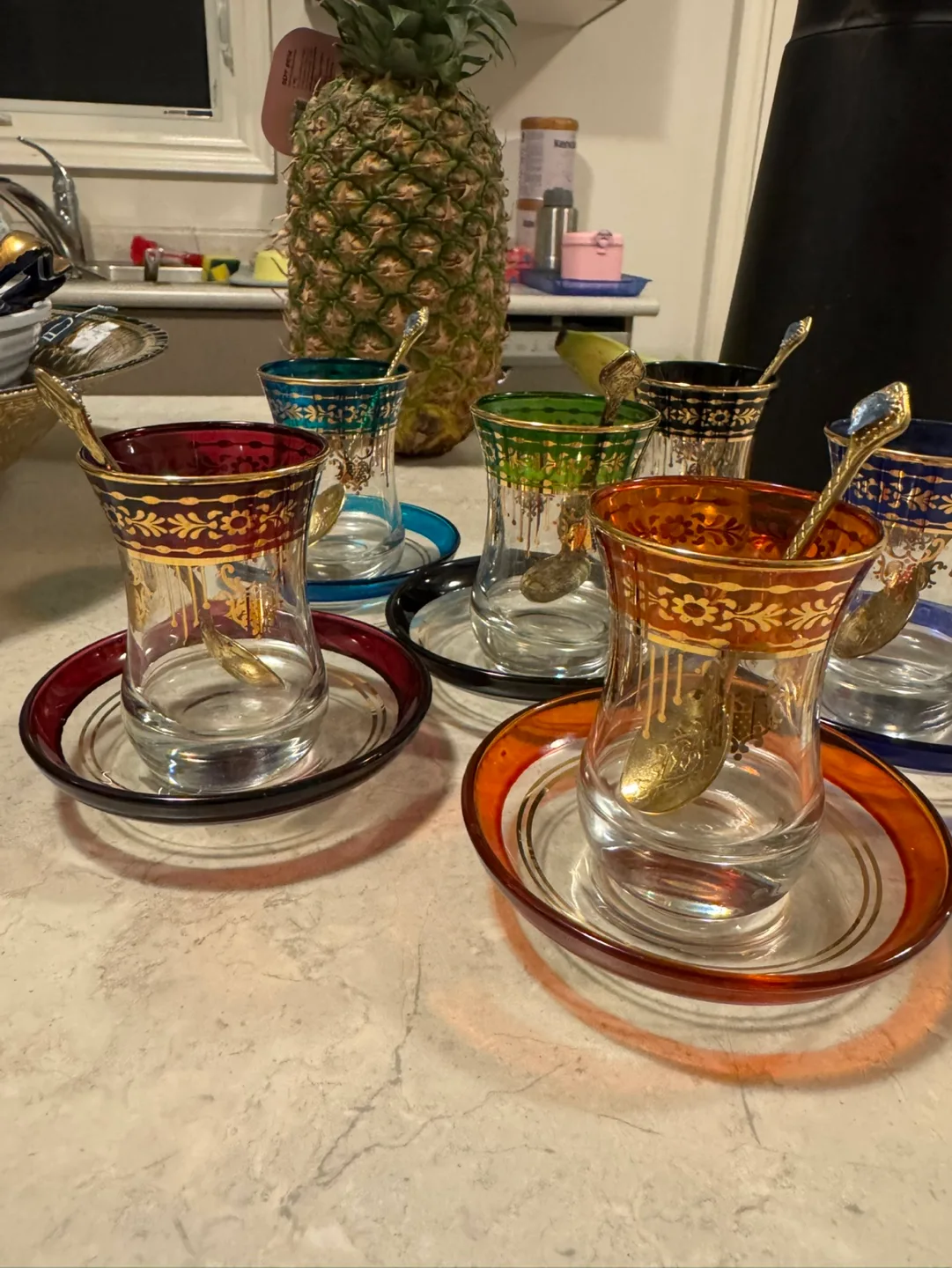 Set of six Turkish tea glasses with saucers and spoons image indicator(3)
