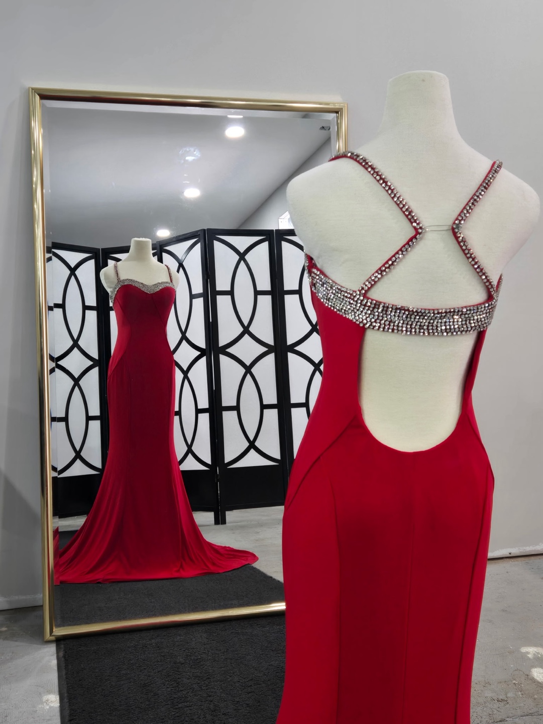 Stunning Red Jewel Neckline Evening Gown