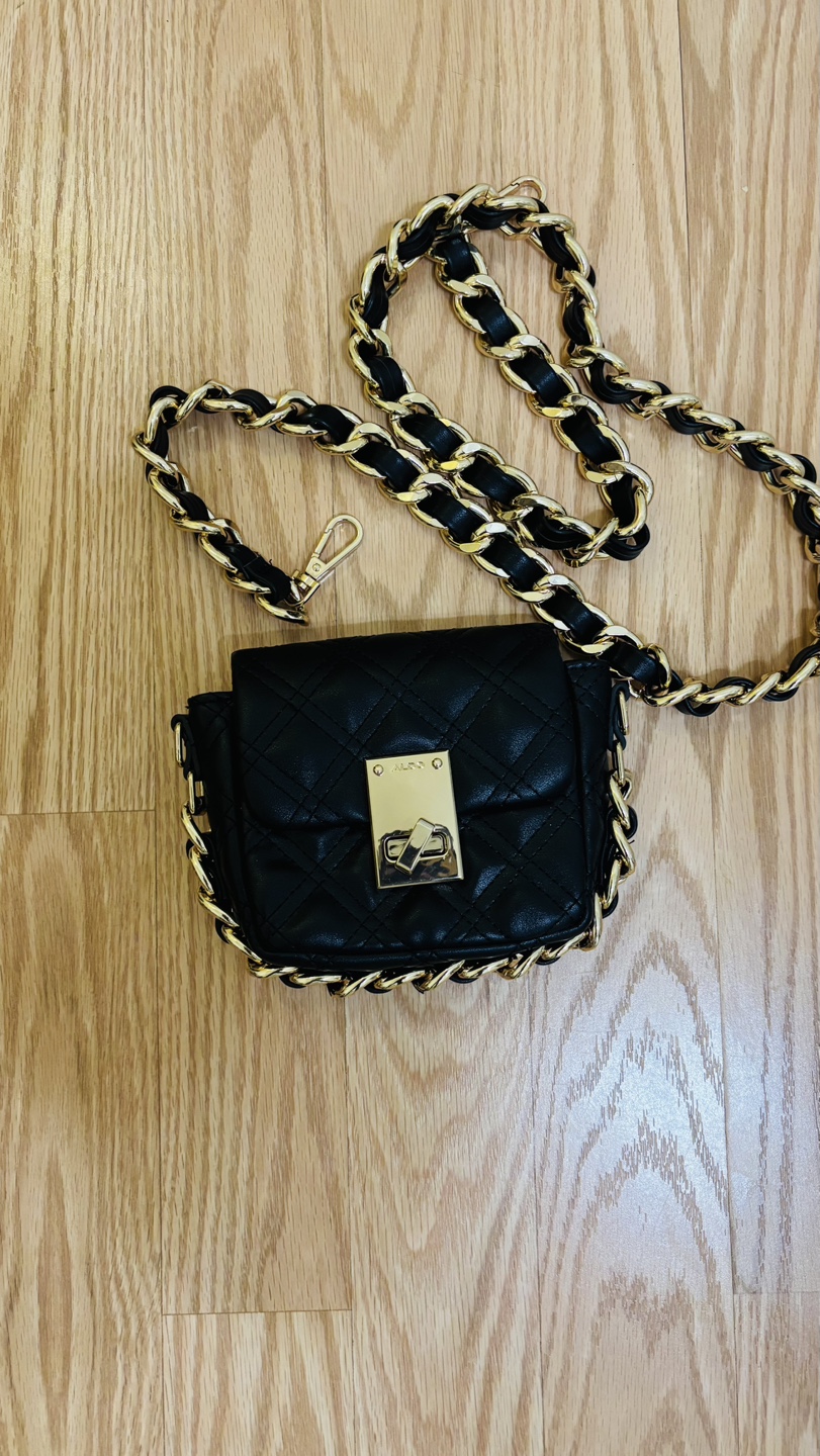 Black Quilted Mini Crossbody Bag with Gold Chain Strap