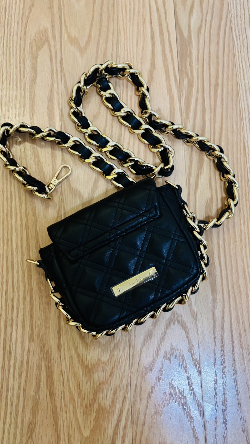 Black Quilted Mini Crossbody Bag with Gold Chain Strap - photo 2