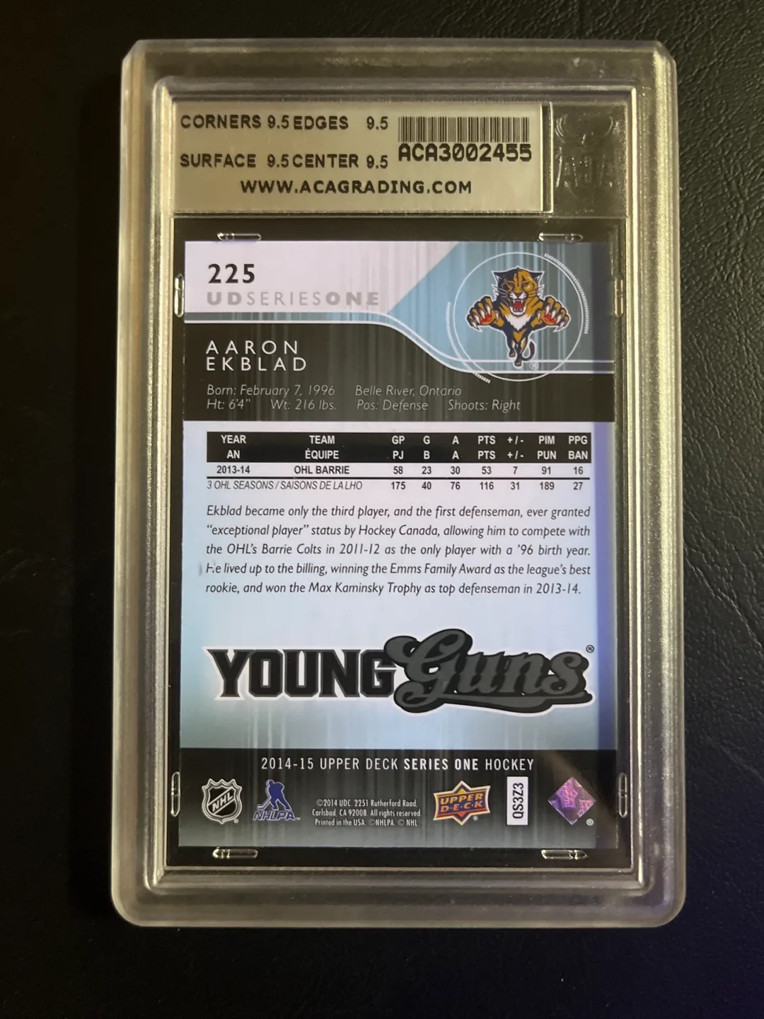 2014-15 UD Young Guns Aaron Ekblad Rookie Card #225 - Graded 9.5 image indicator(2)