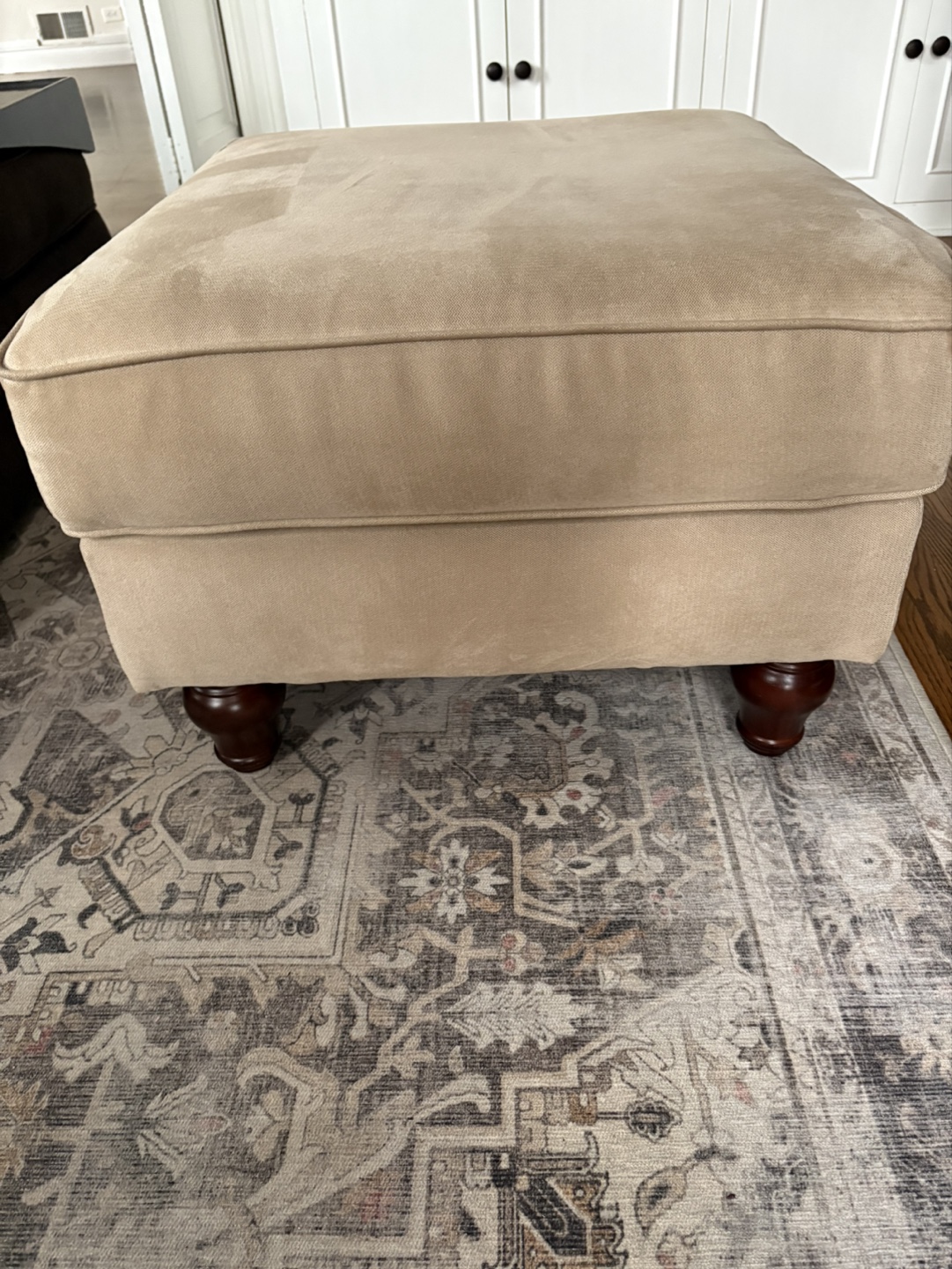 Beige Square Ottoman with Wood Legs