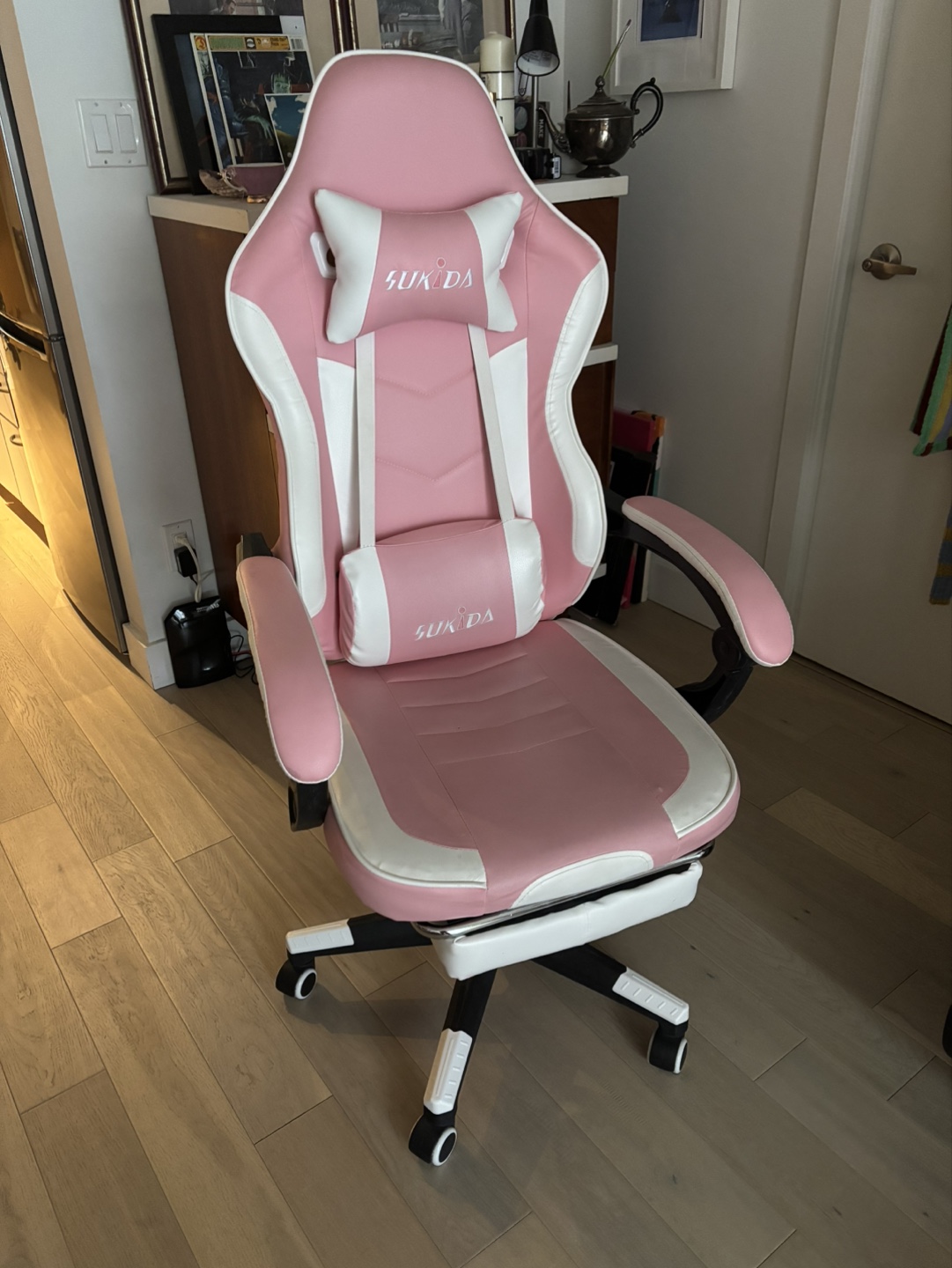 Sukida Pink and White Gaming Chair with Lumbar Support