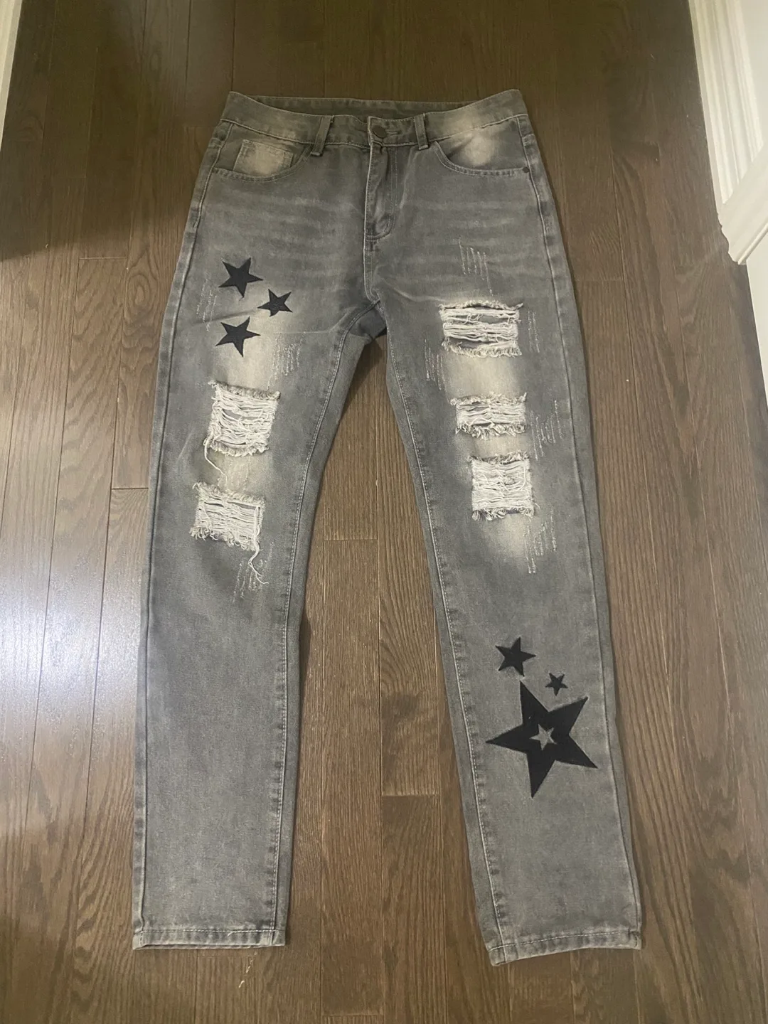 Grey Distressed Skinny Jeans with Star Patches thumbnail