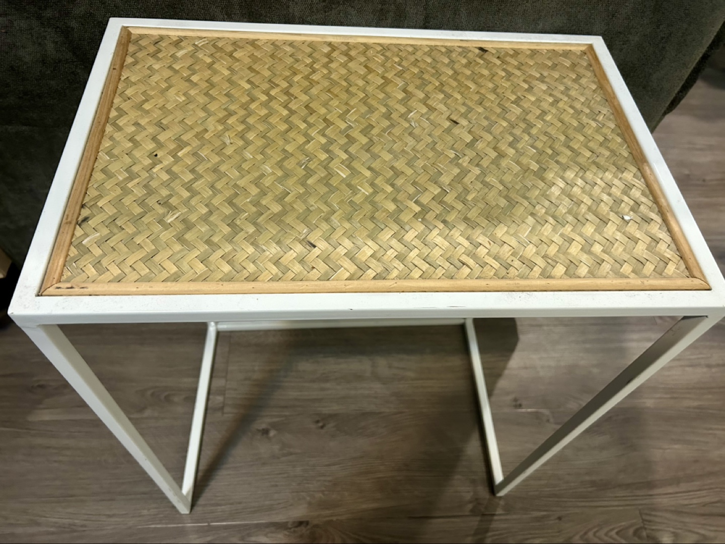 White Metal and Rattan Side Table
