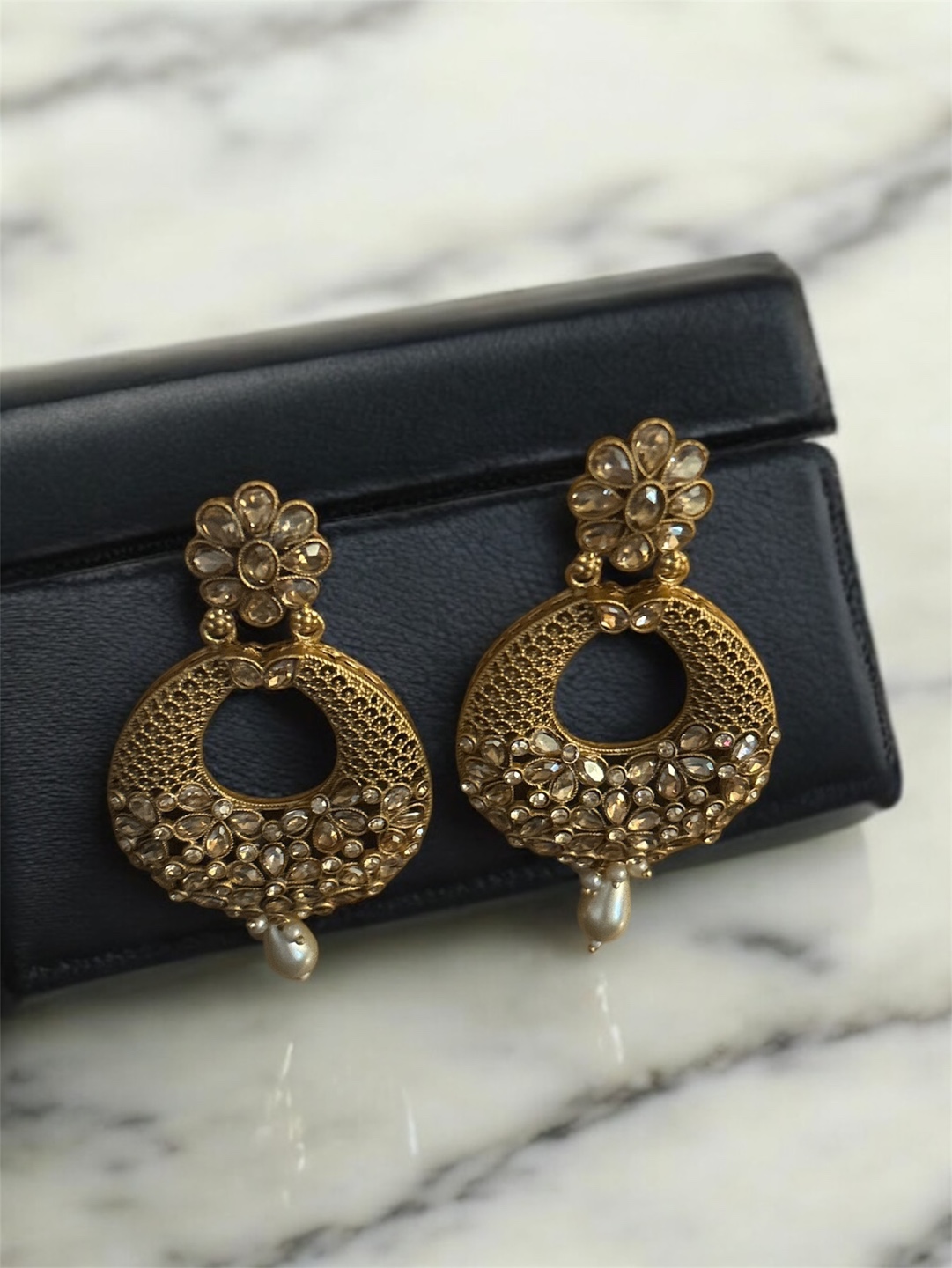 Gold Tone Dangle Earrings with Pearls and Crystals - photo 2