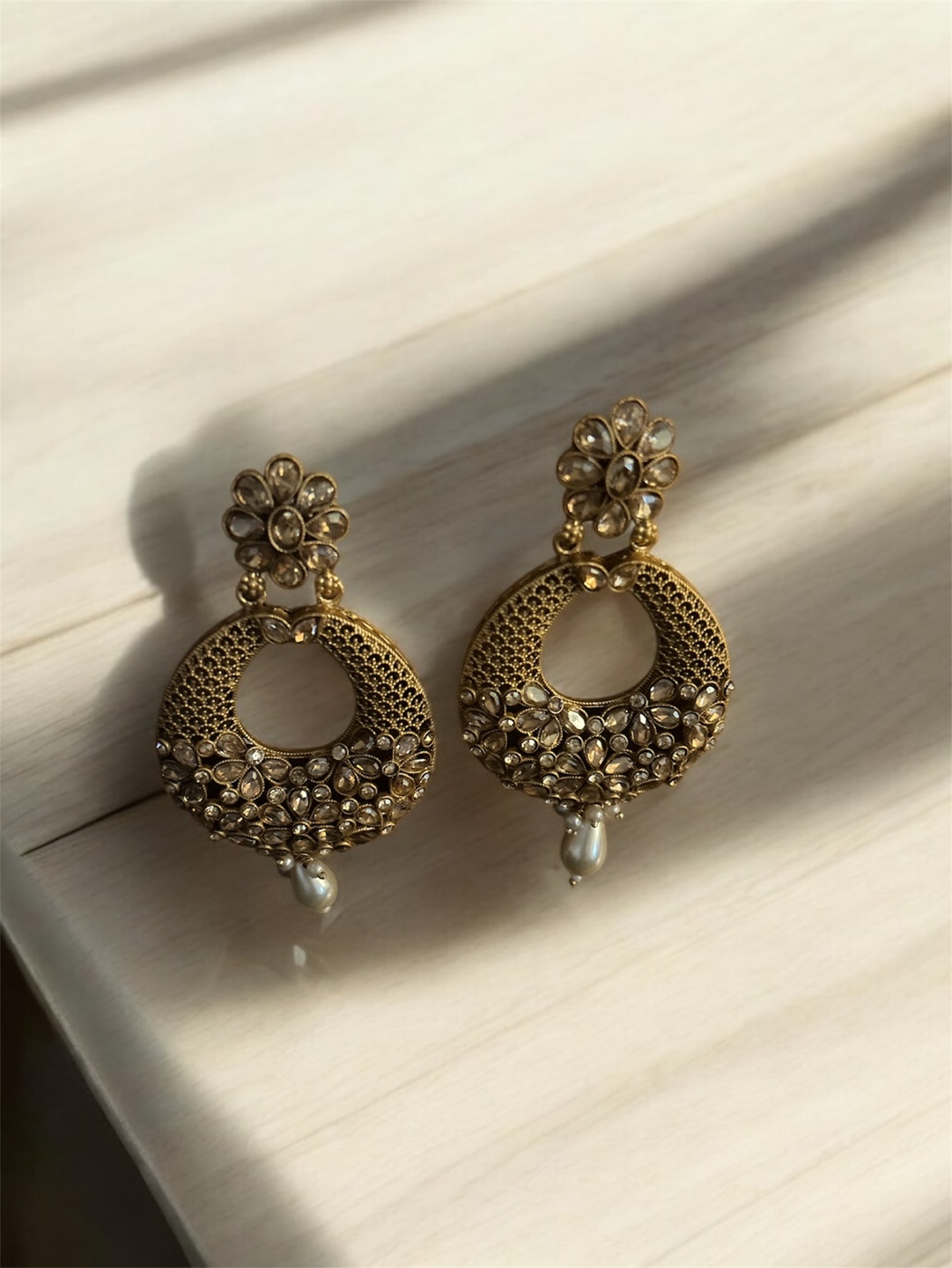 Gold Tone Dangle Earrings with Pearls and Crystals