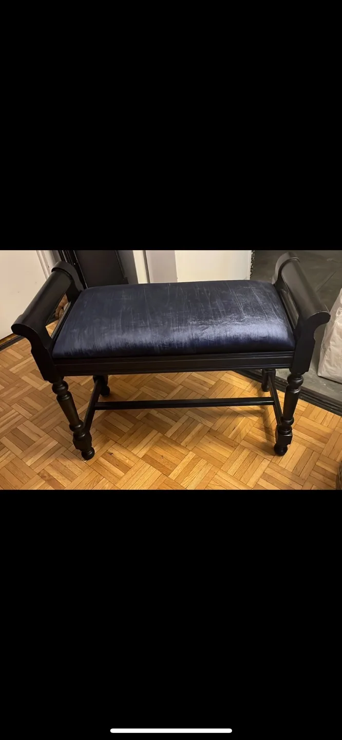 Dark wood bench with navy blue velvet cushion image indicator(2)