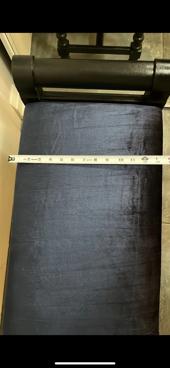 Dark wood bench with navy blue velvet cushion image indicator(6)