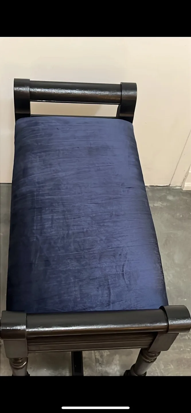 Dark wood bench with navy blue velvet cushion image indicator(5)