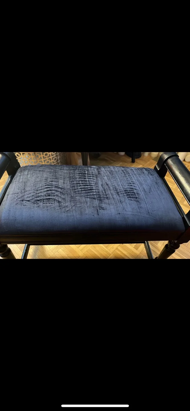 Dark wood bench with navy blue velvet cushion image indicator(4)