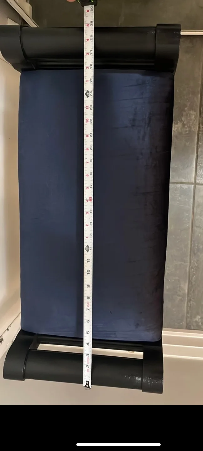 Dark wood bench with navy blue velvet cushion image indicator(8)