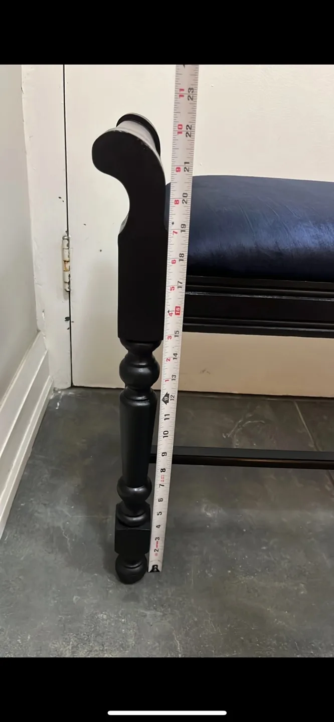 Dark wood bench with navy blue velvet cushion image indicator(7)