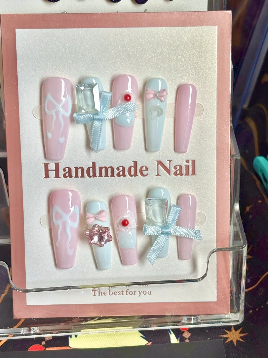 Handmade Pastel Pink and Blue Bow Press-on Nails thumbnail