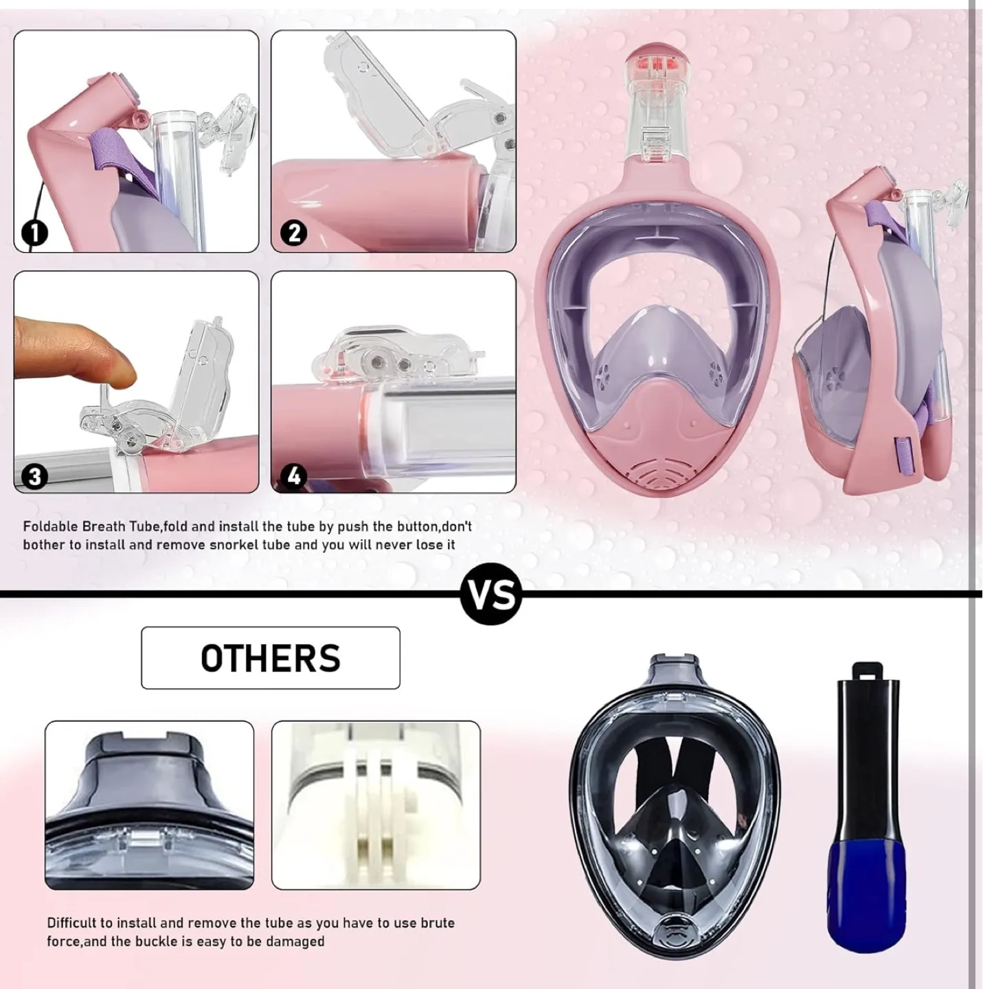 New Full Face Snorkel Mask - Pink - Foldable & Easy Storage image indicator(5)