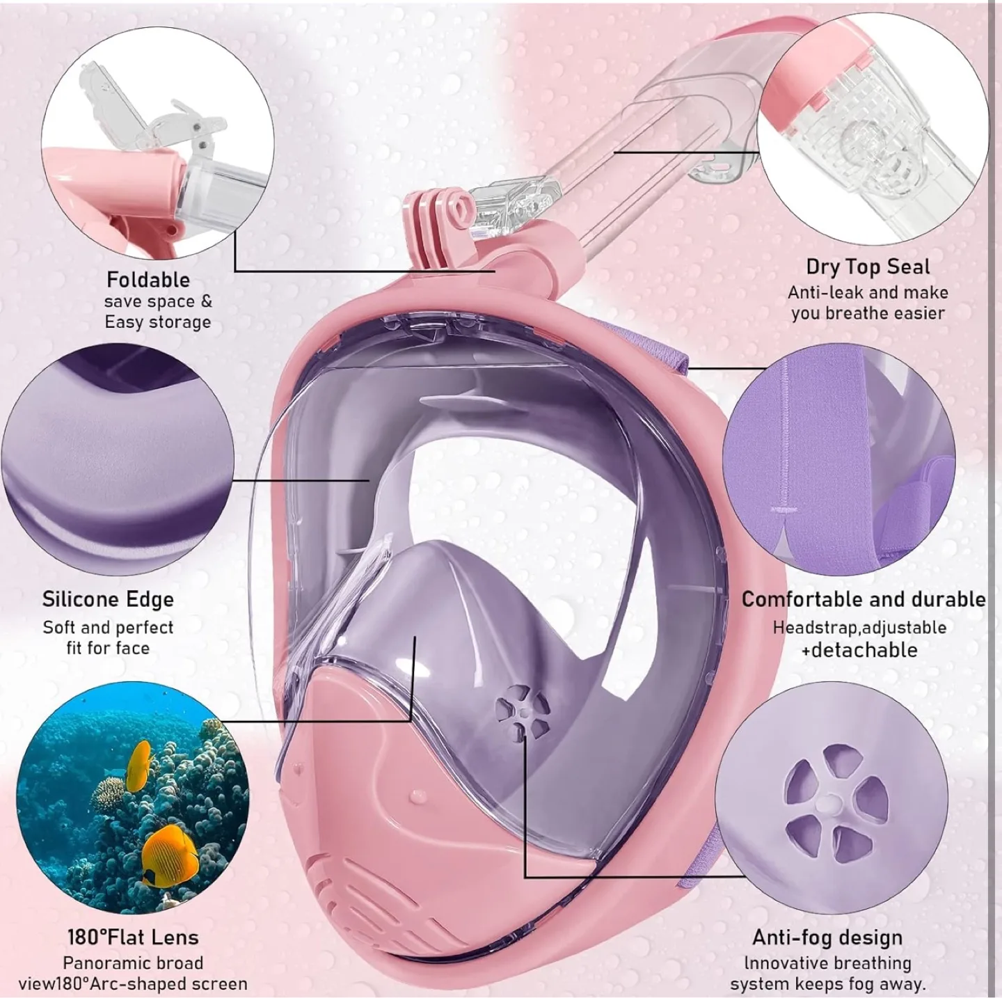 New Full Face Snorkel Mask - Pink - Foldable & Easy Storage image indicator(2)