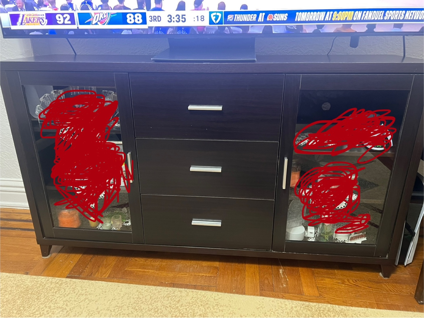 Dark Brown Wood Media Console with Glass Doors