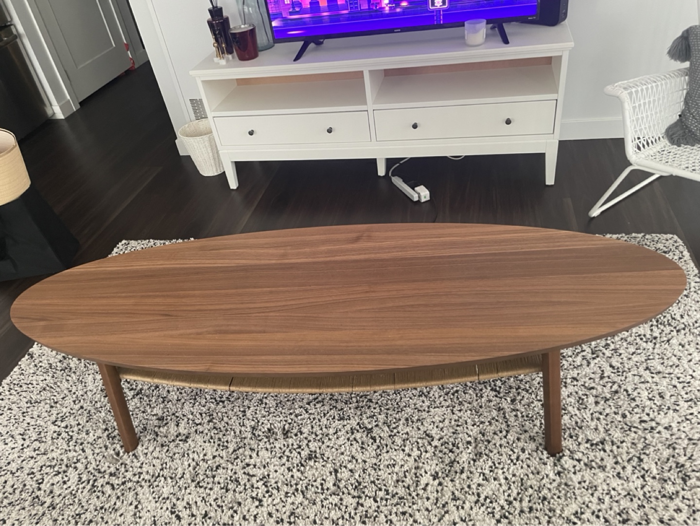 Oval Walnut Coffee Table with Woven Shelf