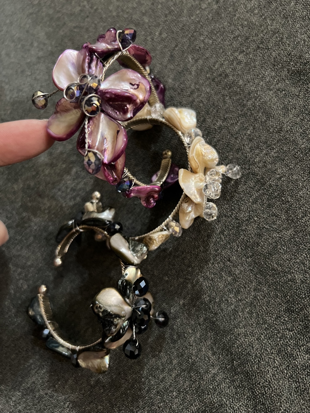 Set of Three Unique Shell and Crystal Cuff Bracelets - photo 3