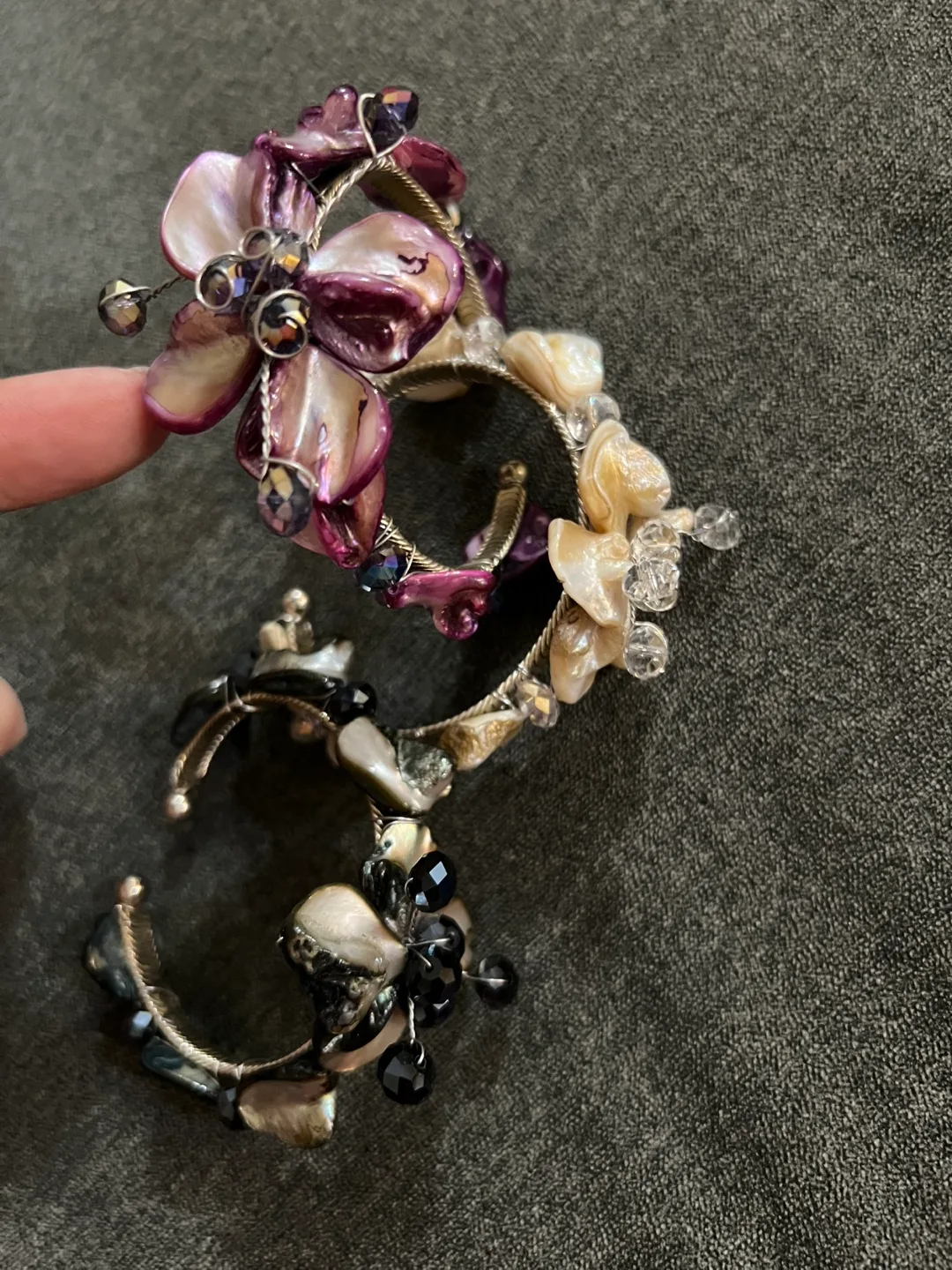 Set of Three Unique Shell and Crystal Cuff Bracelets image indicator(3)